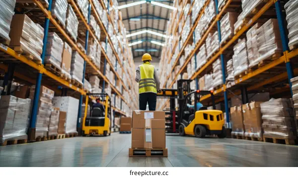 Warehouse worker standing on a pallet amidst tall shelves and forklifts
