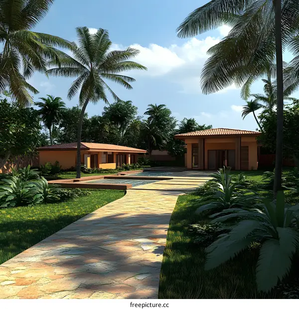 Tropical Villa with Palm Trees and Swimming Pool