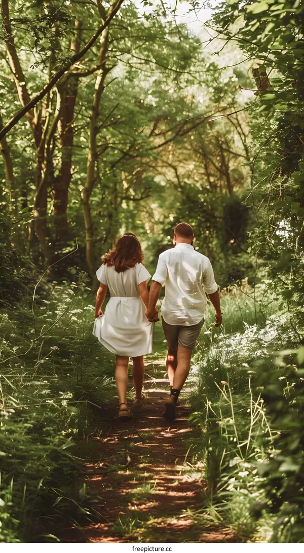 Couple Walking Through A Lush Green Forest