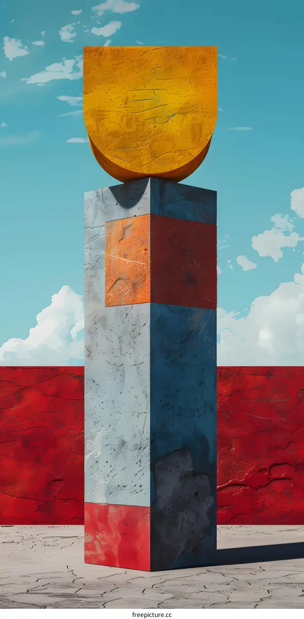 3D rendering of a concrete pedestal with a yellow half-sphere on top of it against a red background