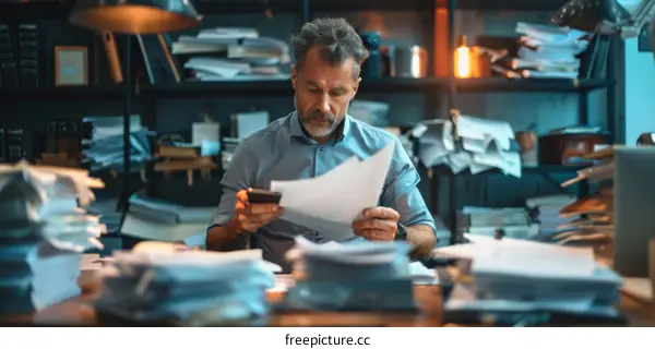 A man is looking at a document while holding a phone