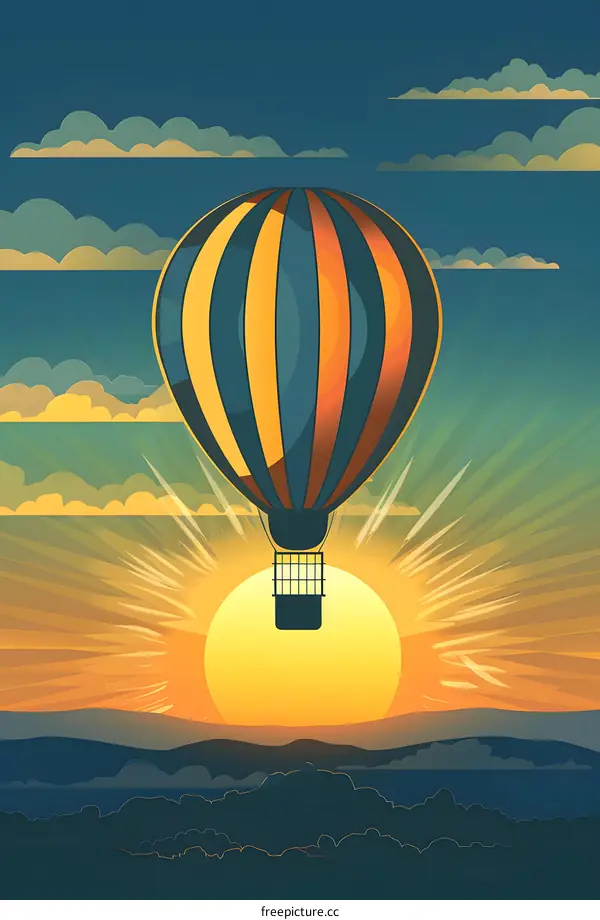 Hot Air Balloon Rising at Sunset Over Mountains and Clouds