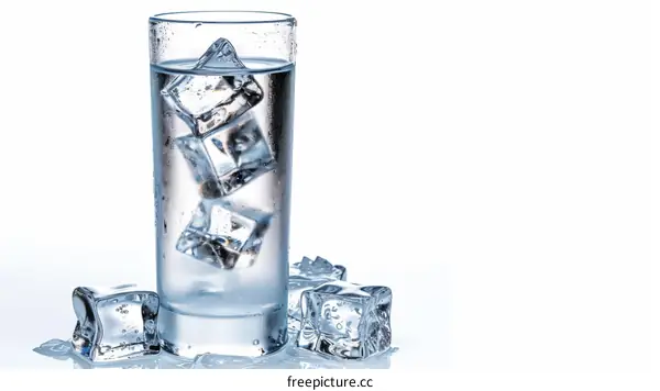 Glass of water with ice cubes on a white background