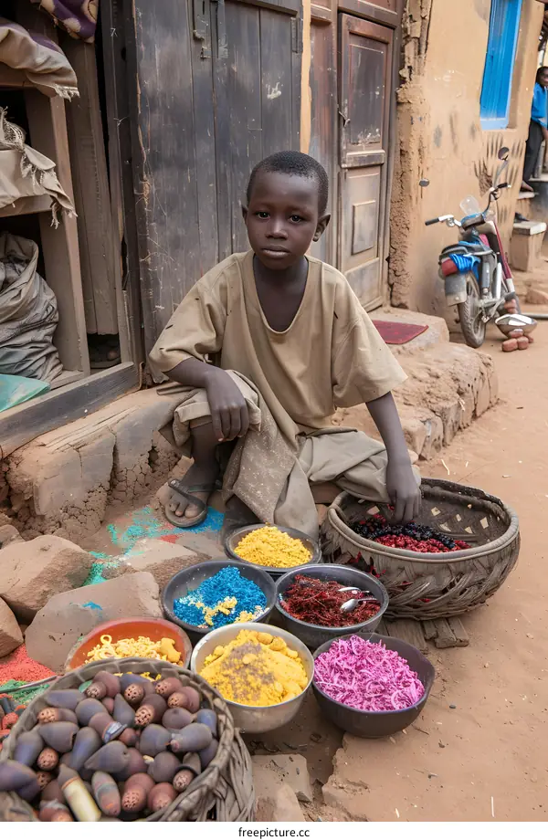 African Boy Selling Colorful Spices in a Market
