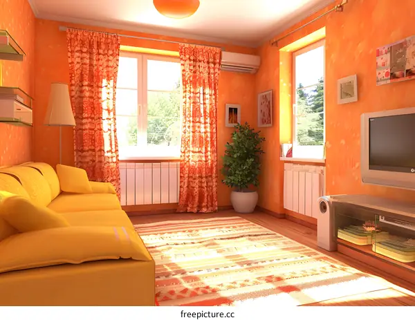 Orange Living Room Interior Design with Yellow Sofa and Curtains