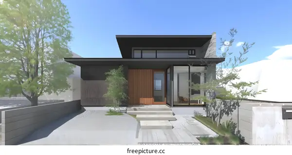 Modern Home Exterior Design with a Wooden Door and Stone Accents