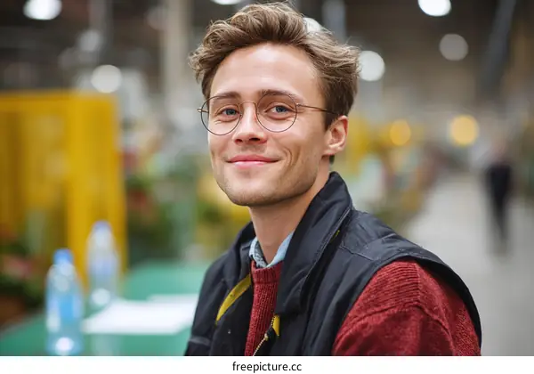Smiling Caucasian Man in Warehouse Setting