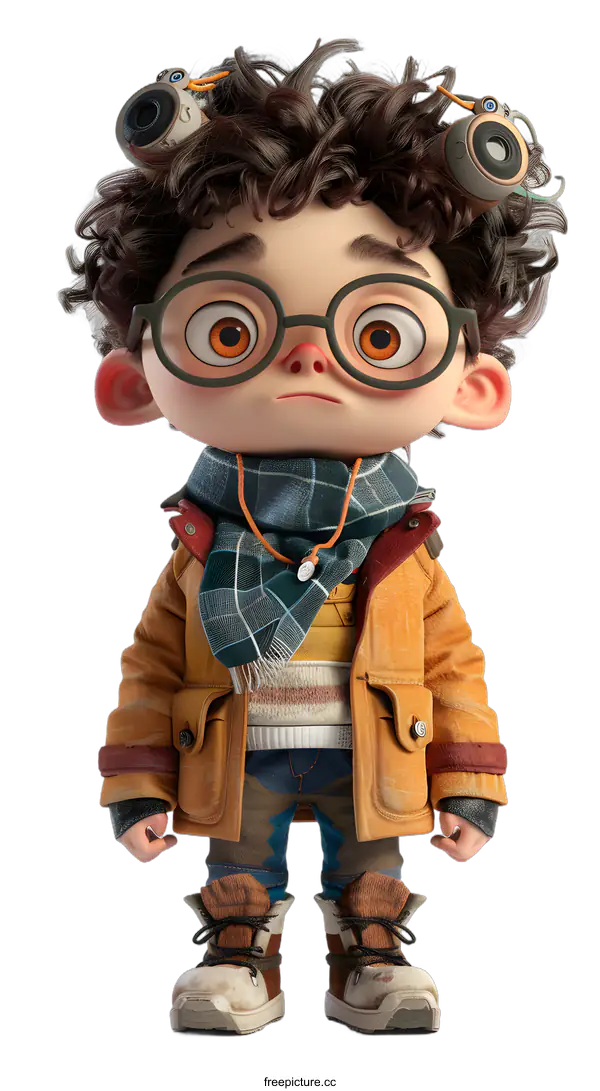 [Transparent Background PNG]3D Rendered Cartoon Boy Wearing Glasses and a Scarf