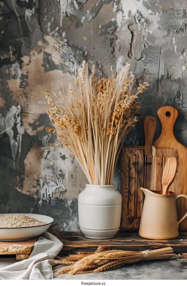 Dried Wheat and Wooden Kitchen Utensils on a Rustic Table