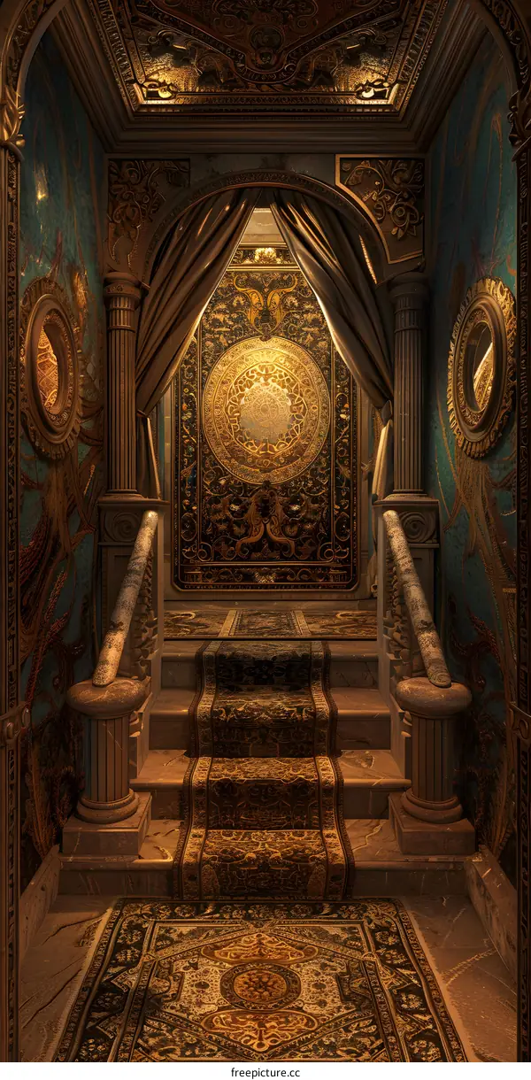 Golden Staircase In Palace Interior With Intricate Carvings And Carpets