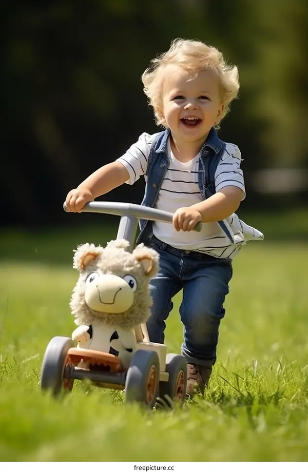 Happy toddler boy riding a sheep balance bike in the park