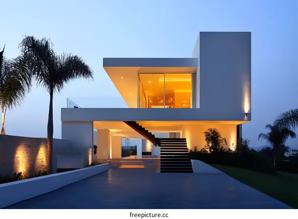 Modern Architecture White House with Palm Trees and Stairs at Dusk
