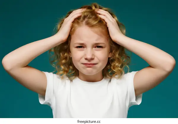 Unhappy little girl with curly red hair holding head against blue background
