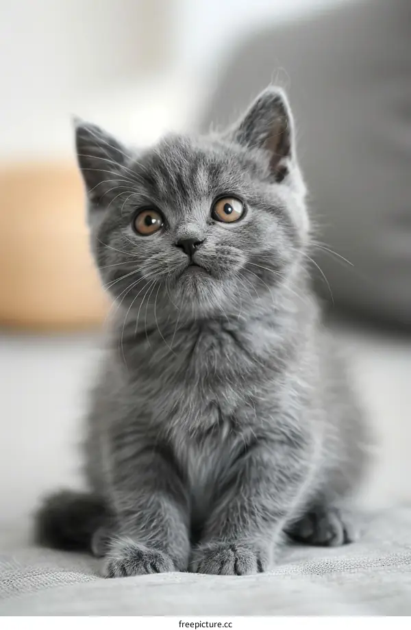 A cute gray kitten is sitting on the sofa and looking up