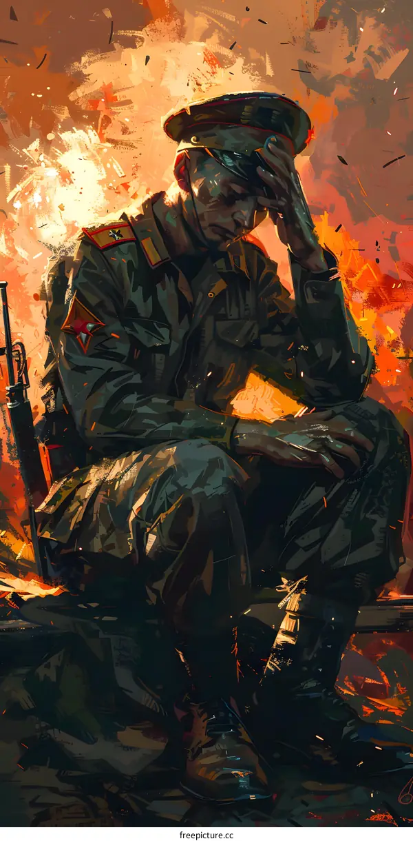A soldier sits on a rock in front of an explosion