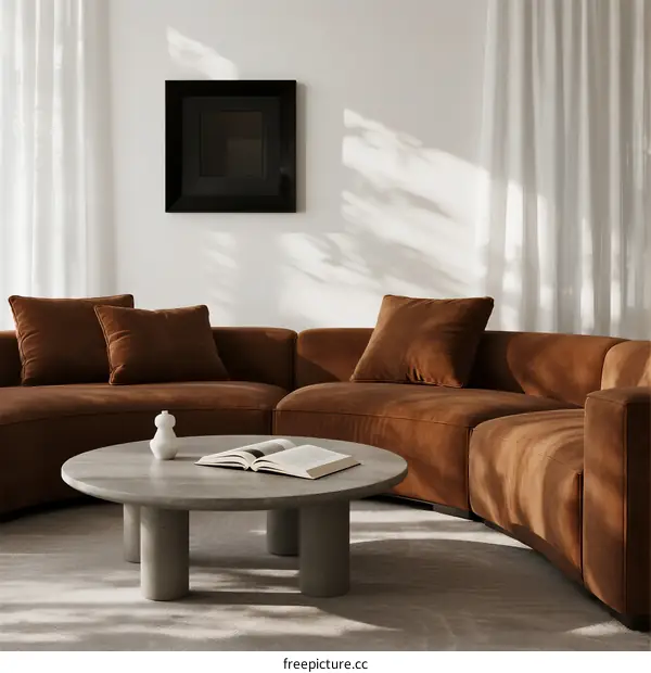 Modern living room with curved brown sofa and concrete coffee table