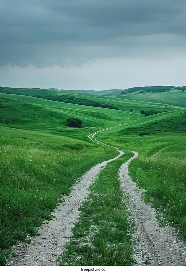 Scenic view of a rural road through green hills