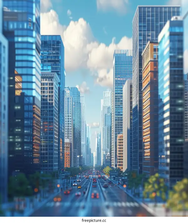 Bustling City Street with Towering Skyscrapers and Busy Traffic