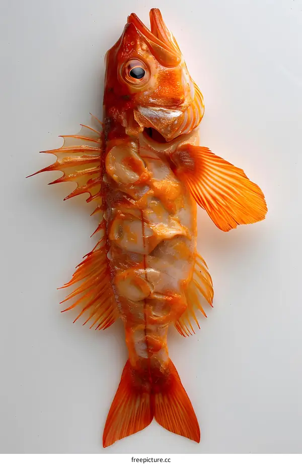 A fish lies on a white surface