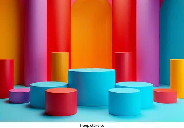 Colorful 3D podiums on blue background