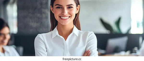 Smiling Woman In White Shirt With Crossed Arms In Office