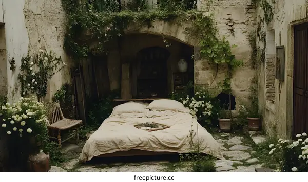 Rustic Courtyard with Bed and Flowers