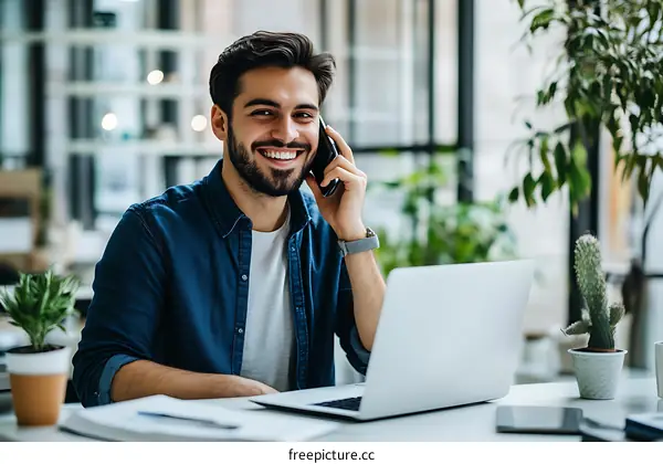 Smiling Businessman Working on Laptop and Talking on Phone