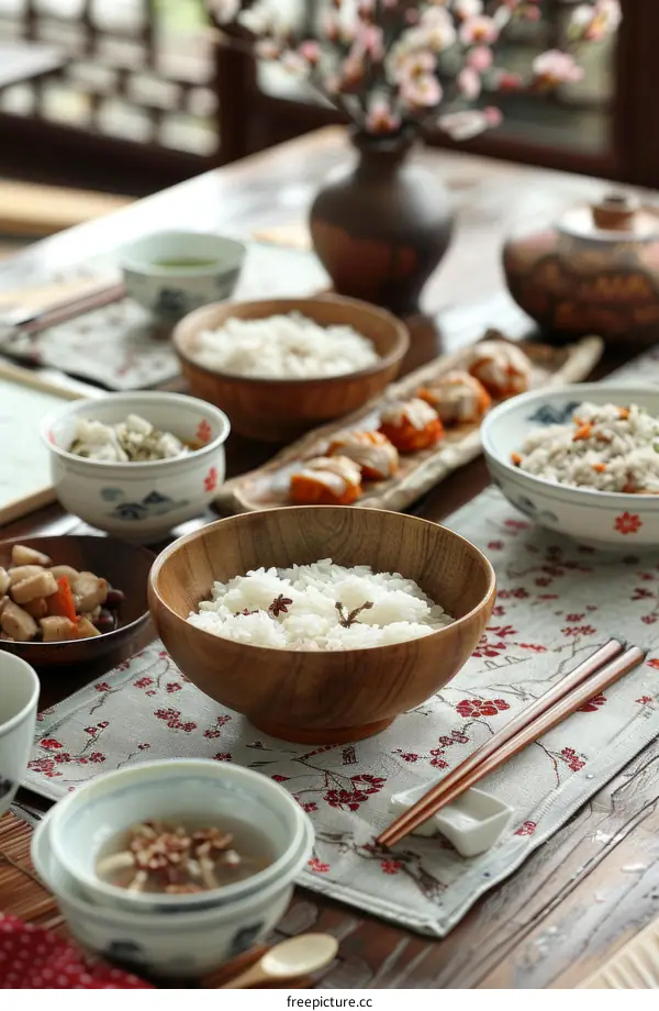 Wooden Bowl of Rice with Side Dishes