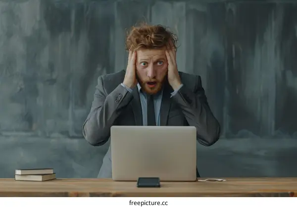 Shocked young businessman looking at laptop screen