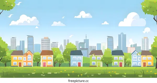 Cartoon Illustration of City Skyline with Green Trees and Small Houses in Front