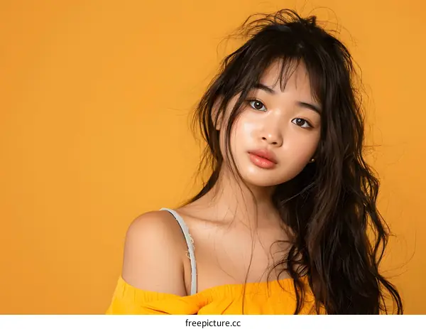 Portrait of a Young Asian Woman with Long Hair and Yellow Shirt