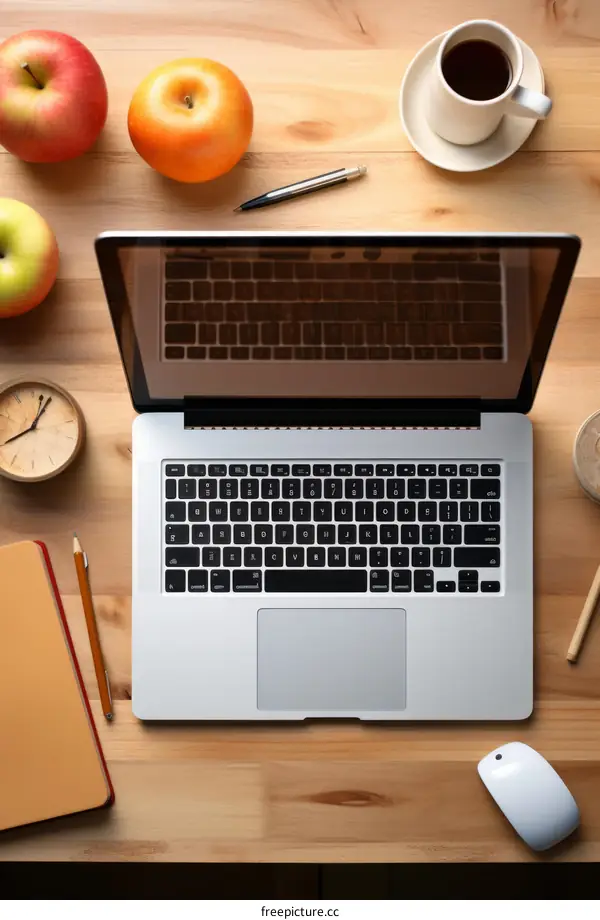 Office desk with laptop, apples, coffee, notebook, pencil, clock, and mouse