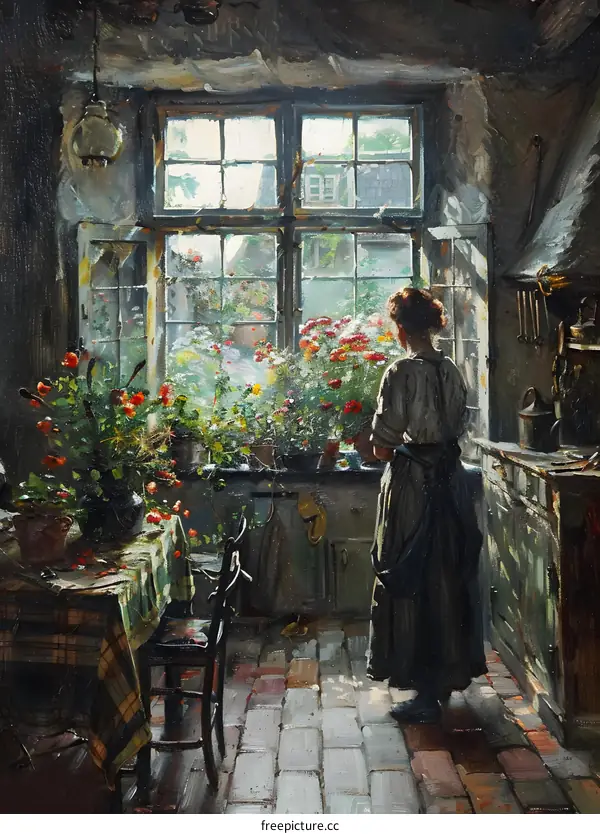 A woman standing in a kitchen looking out at a garden
