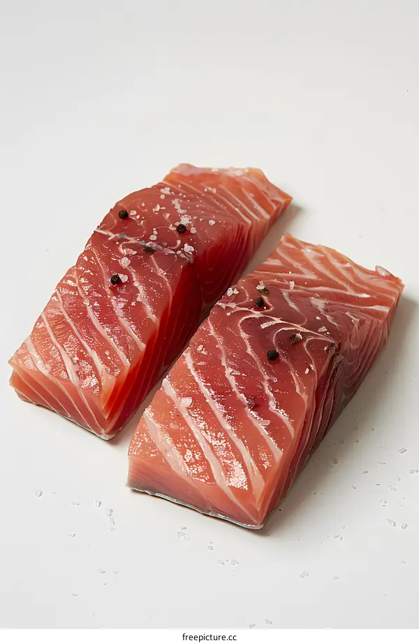 Two Salmon Fillets Seasoned with Salt and Pepper