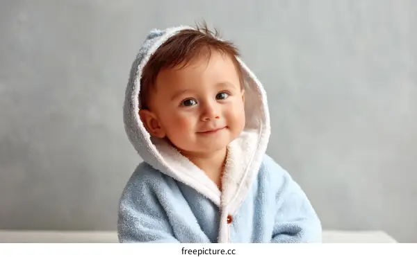 Adorable Baby in a Blue Bathrobe