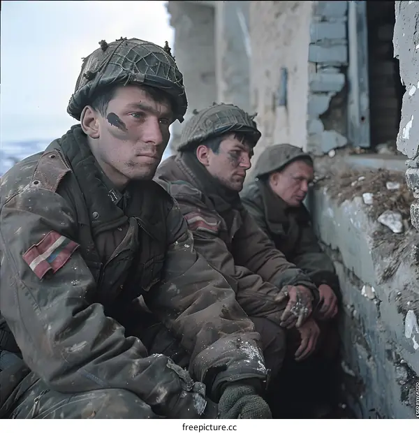 Three soldiers in a foxhole during the Battle of the Bulge.
