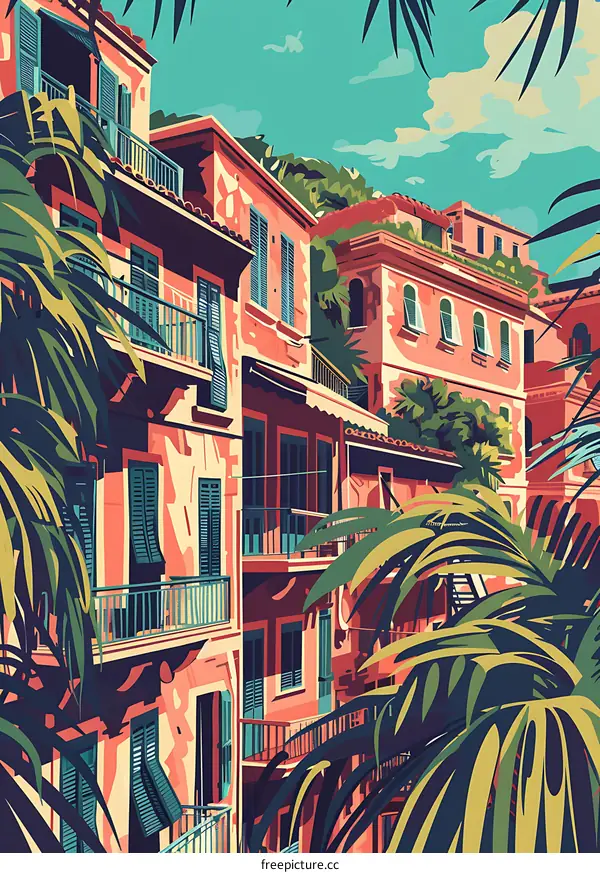 Colorful Illustration of European Buildings with Palm Trees