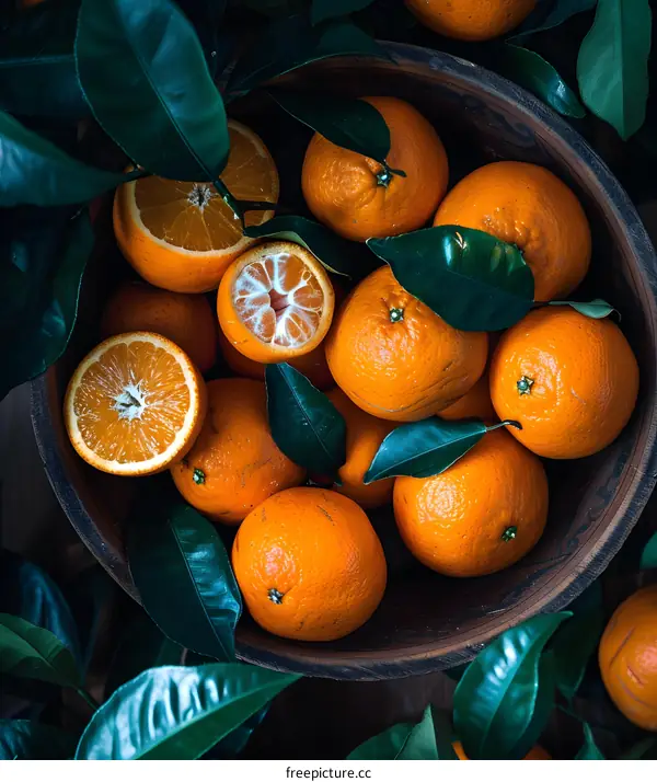 Fresh Oranges in a Wooden Bowl with Green Leaves
