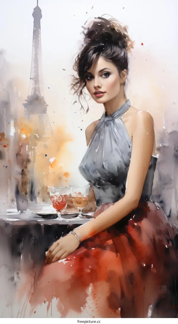 Elegant Woman in Red Dress Relaxes at Parisian Cafe with Wine