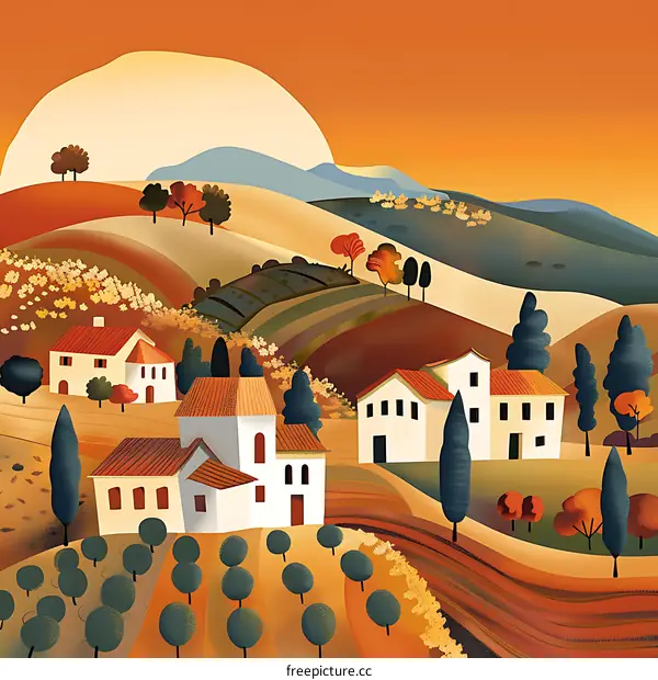 Autumn Landscape with Houses and Hills