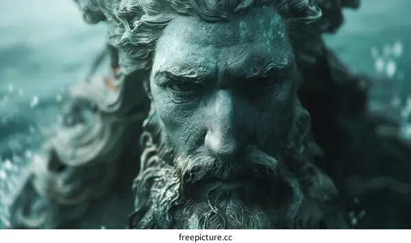 An illustration of a green sculpture of Poseidon, the Greek god of the sea.