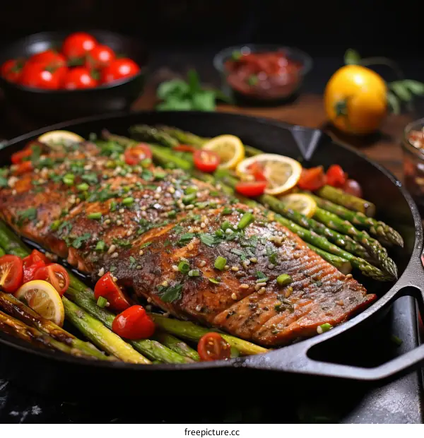 Grilled Salmon with Asparagus & Tomatoes