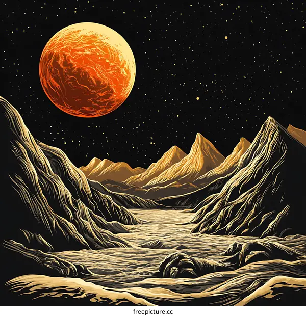 Alien Landscape with Giant Red Planet and Mountains