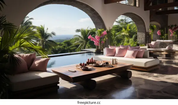 Open living room with a view of the jungle and the ocean