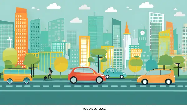 Cityscape with Cars and People Illustration
