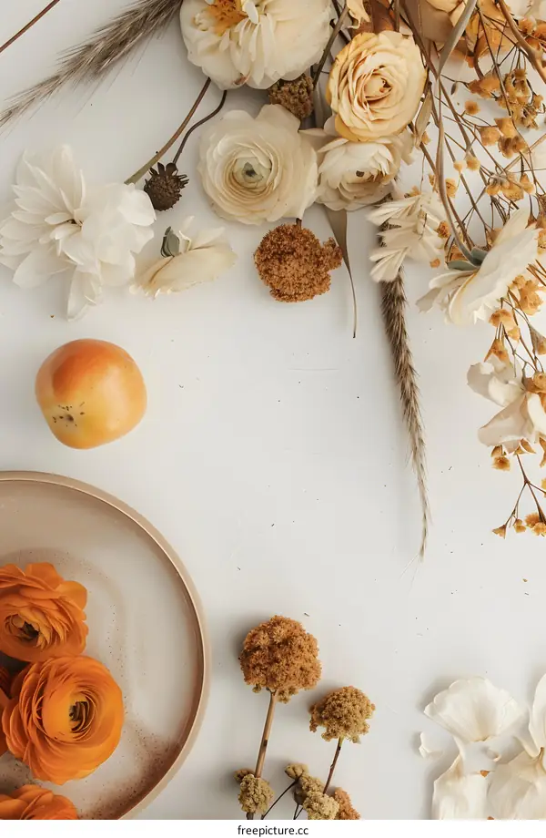 Dried Flowers and Fruit Arrangement on White Background
