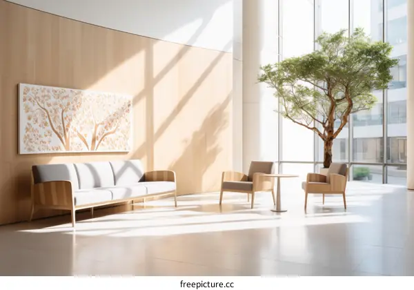 Modern Office Lobby with Large Tree and Atrium