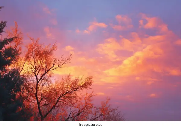 Vibrant Sunset Sky with Bare Trees