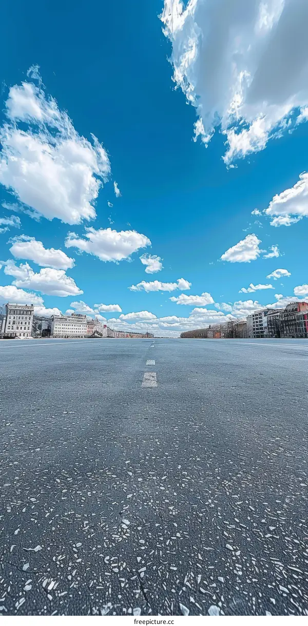 An Empty City Street with Blue Skies and White Clouds