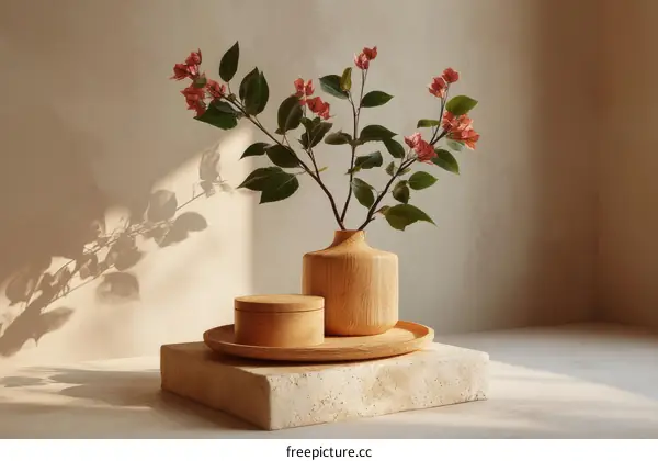 Natural Wooden Vase with Flowers Still Life
